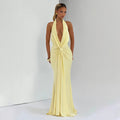Autumn Winter Women Solid Color Deep V Plunge neck Halter Ribbon Pleated Sexy Backless Elegant Dress for Women — view 6