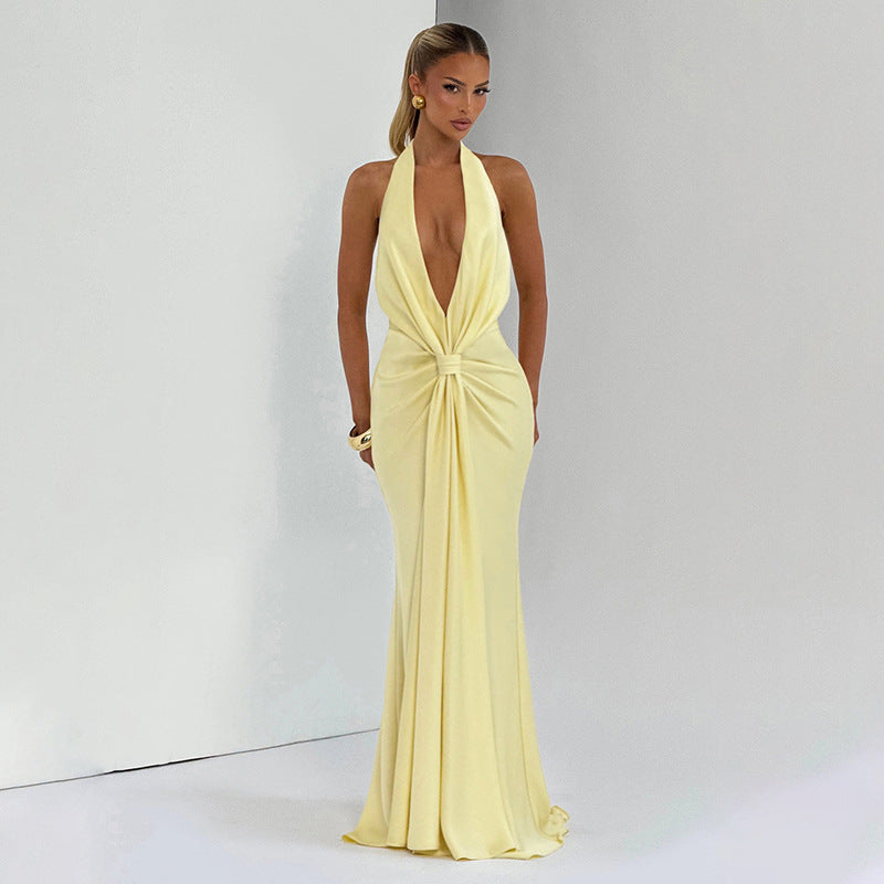 Autumn Winter Women Solid Color Deep V Plunge neck Halter Ribbon Pleated Sexy Backless Elegant Dress for Women — view 6