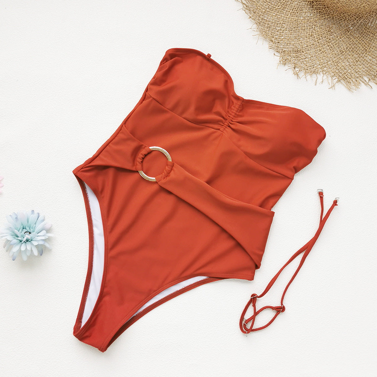 Bella Mia Detachable Shoulder Strap Slip on One Piece Swimsuit Women Solid Color Tube Top — detail and construction