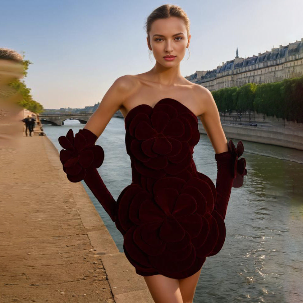 French Sexy Socialite Autumn Retro Tube Top Stitching Floral Dress High Sense Women