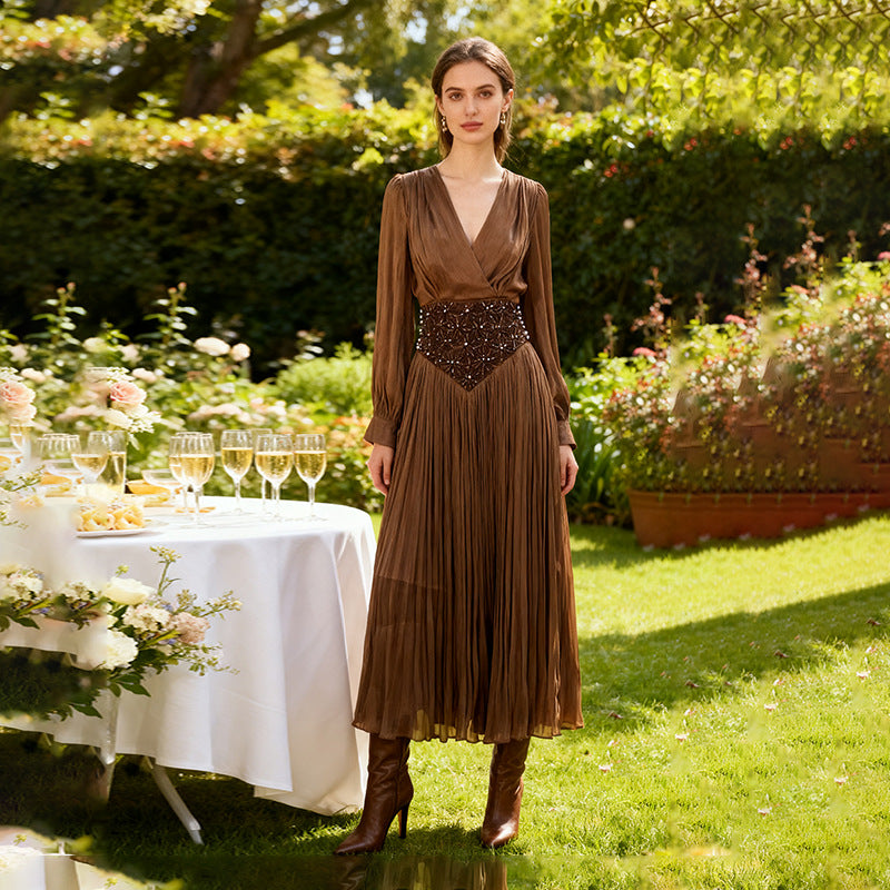 Elegant Long Sleeve Solid Color Diamond Dress Autumn High Grade Waist Slimming Dress Women