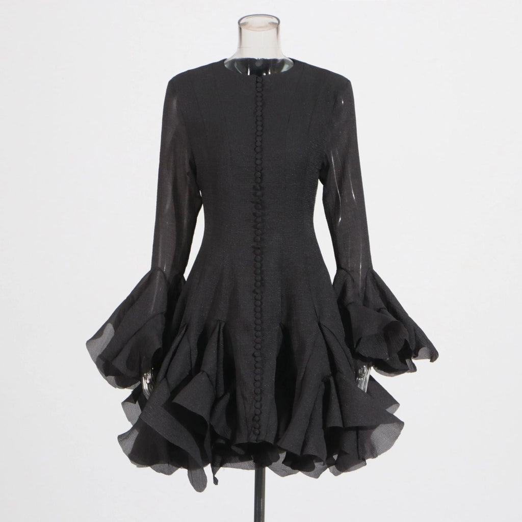Bella Mia Spring Ruffles Design Waist Tight Slimming Flared Sleeves Dress Women — branding close-up