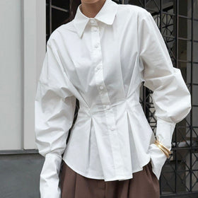 Court White Cotton Shirt Women Light Luxury Pleat Waisted Slim-Fit Long-Sleeved Collared Shirt