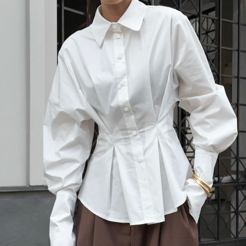 Bella Mia Court White Cotton Shirt Women Light Luxury Pleat Waisted Slim-Fit Long-Sleeved Collared Shirt — main product shot