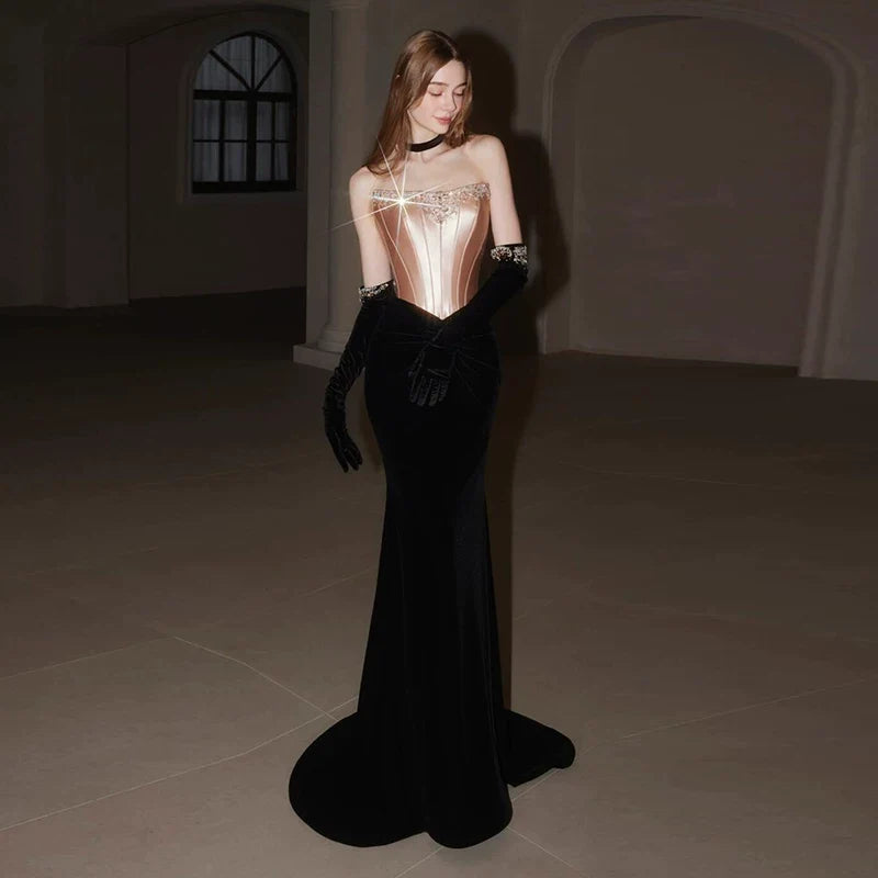 Mantianghong Black Fish Tail Evening Dress Strapless Beaded Mid Rise