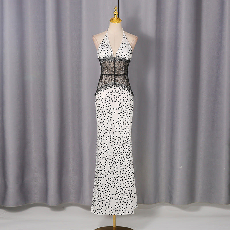 High Grade Elegant Polka Dot Lace Patchwork Waist Slimming Halter Sexy Dress Women