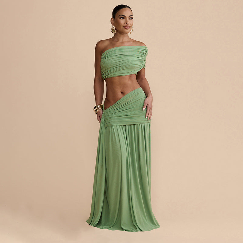 Bella Mia Women Clothing Spring Sexy Solid Color Tube Top Vest Slim Ribbon Pleated Skirt Sets — main product shot