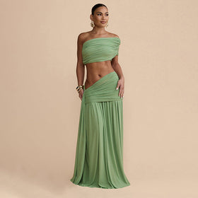Women Clothing Spring Sexy Solid Color Tube Top Vest Slim Ribbon Pleated Skirt Sets