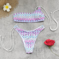Women One Shoulder Lace up Tube Top Striped Printed Split Swimsuit Bikini Mesh Skirt Three Piece Sets