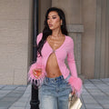 Bella Mia Sexy Deep V Plunge neck Long Sleeve Ostrich Feather Pink Cardigan Autumn Sexy All Match Top — alternate view