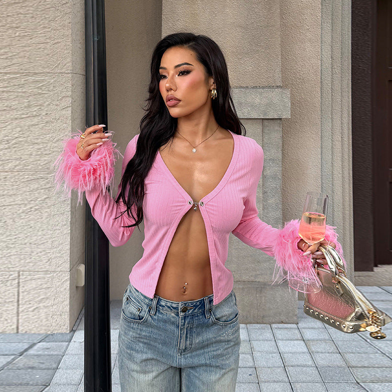 Bella Mia Sexy Deep V Plunge neck Long Sleeve Ostrich Feather Pink Cardigan Autumn Sexy All Match Top — detail and construction