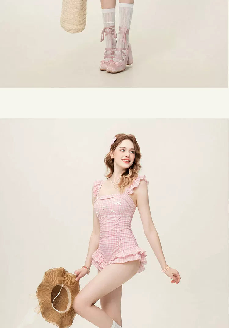 Women's Ruffled One-Piece Swimsuit Plaid Pink