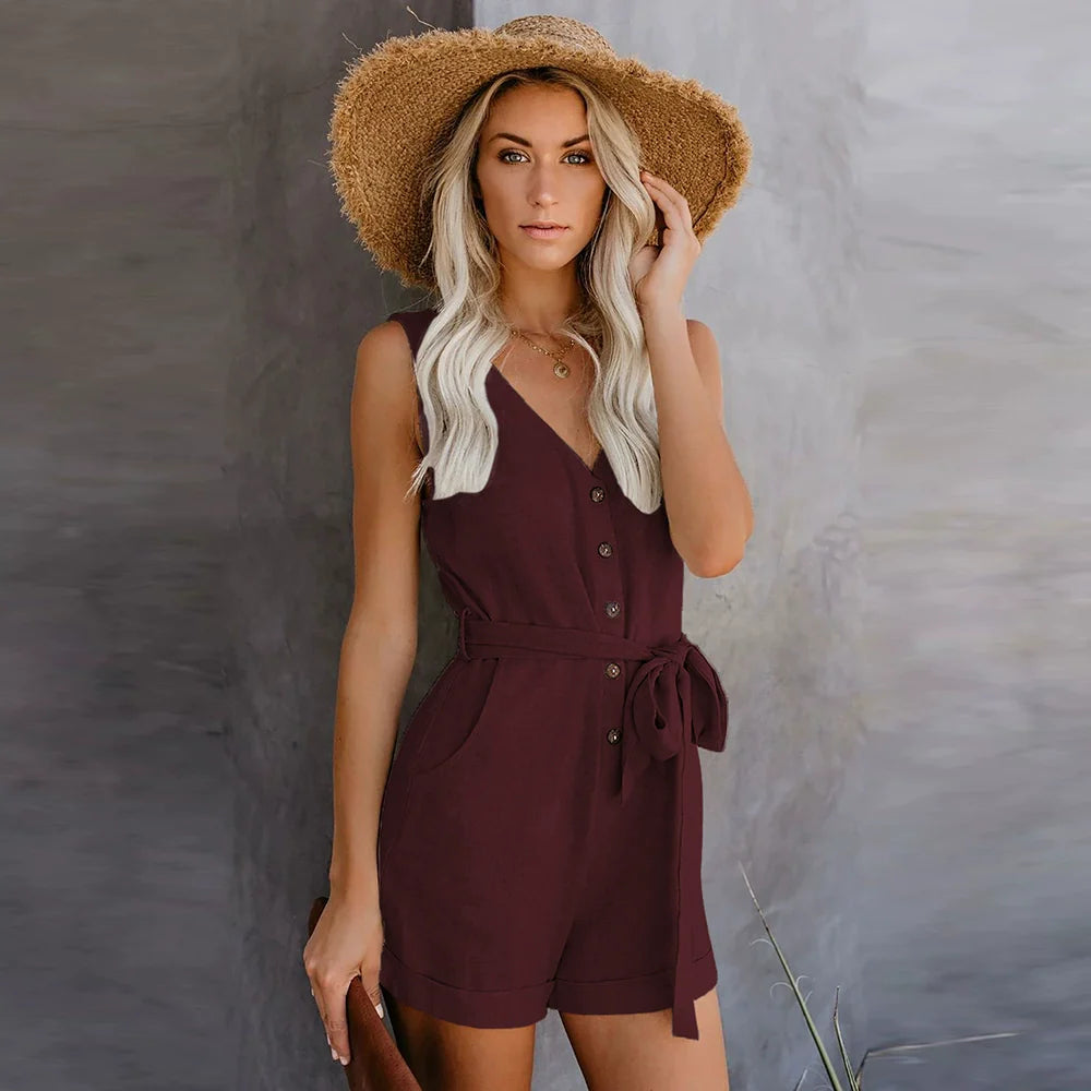 Envy NYC V-neck Single Breasted High Waist Casual Vest Jumpsuit — detail shot 10