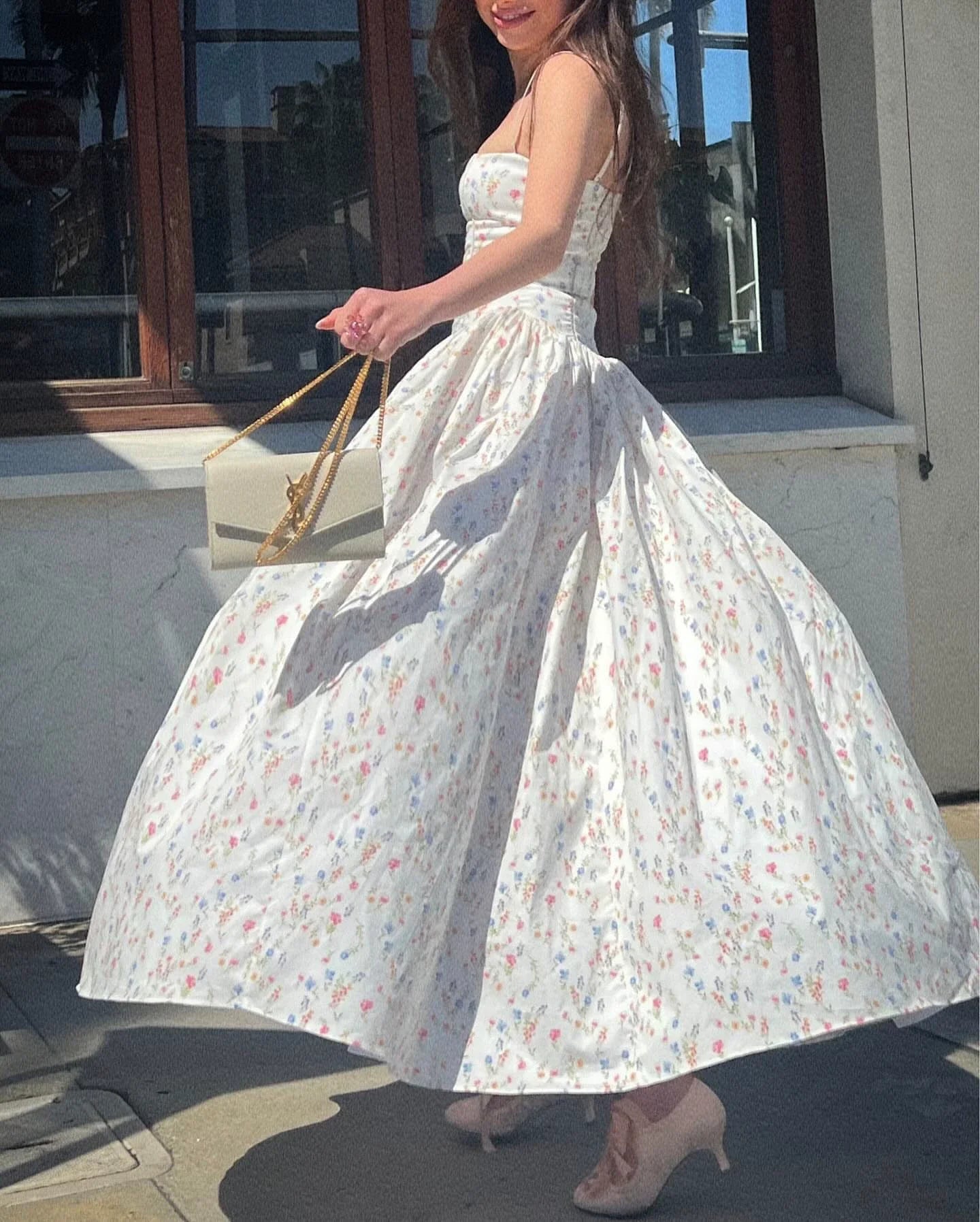 ACUDA Retro French Floral Long Skirt High Waist A-Line Cotton Dress