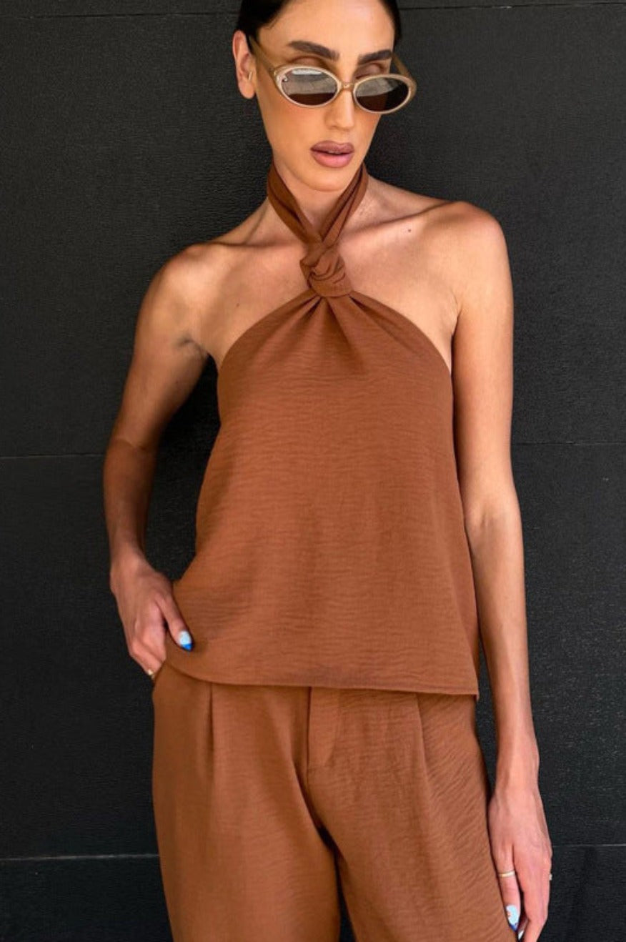 Pretty Little Patriot Pretty Little Patriot High Waist Brown Trouser Set — Brown detail