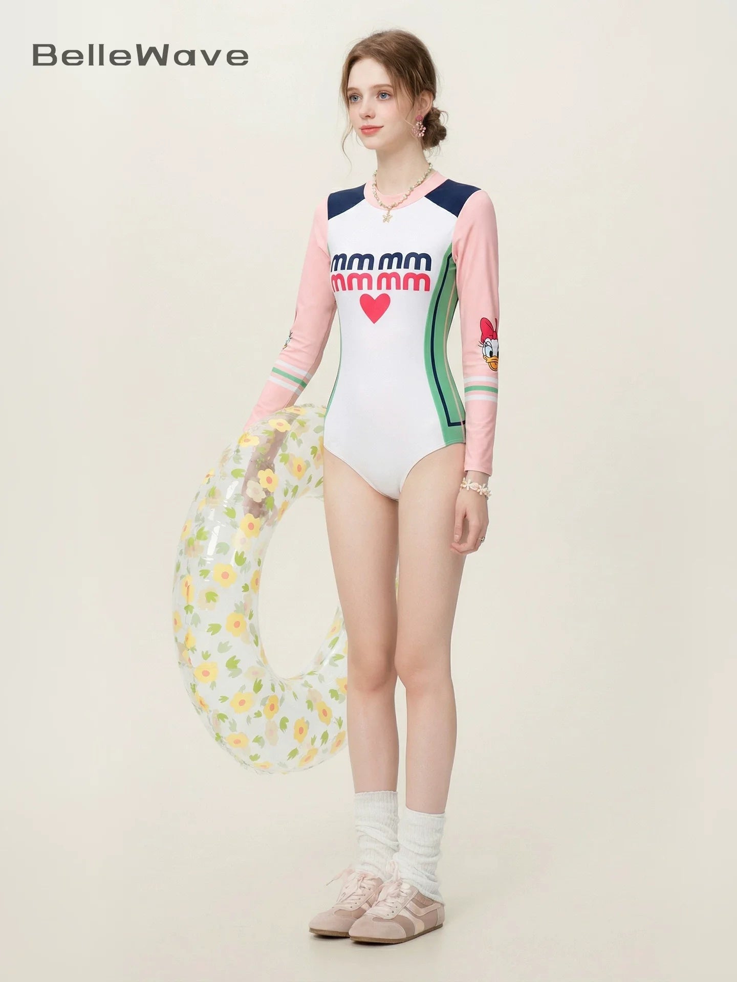 BelleWave Sweet Cool Sport Contrast Print Long Sleeve One-Piece Swimsuit Women Racing Swimwear