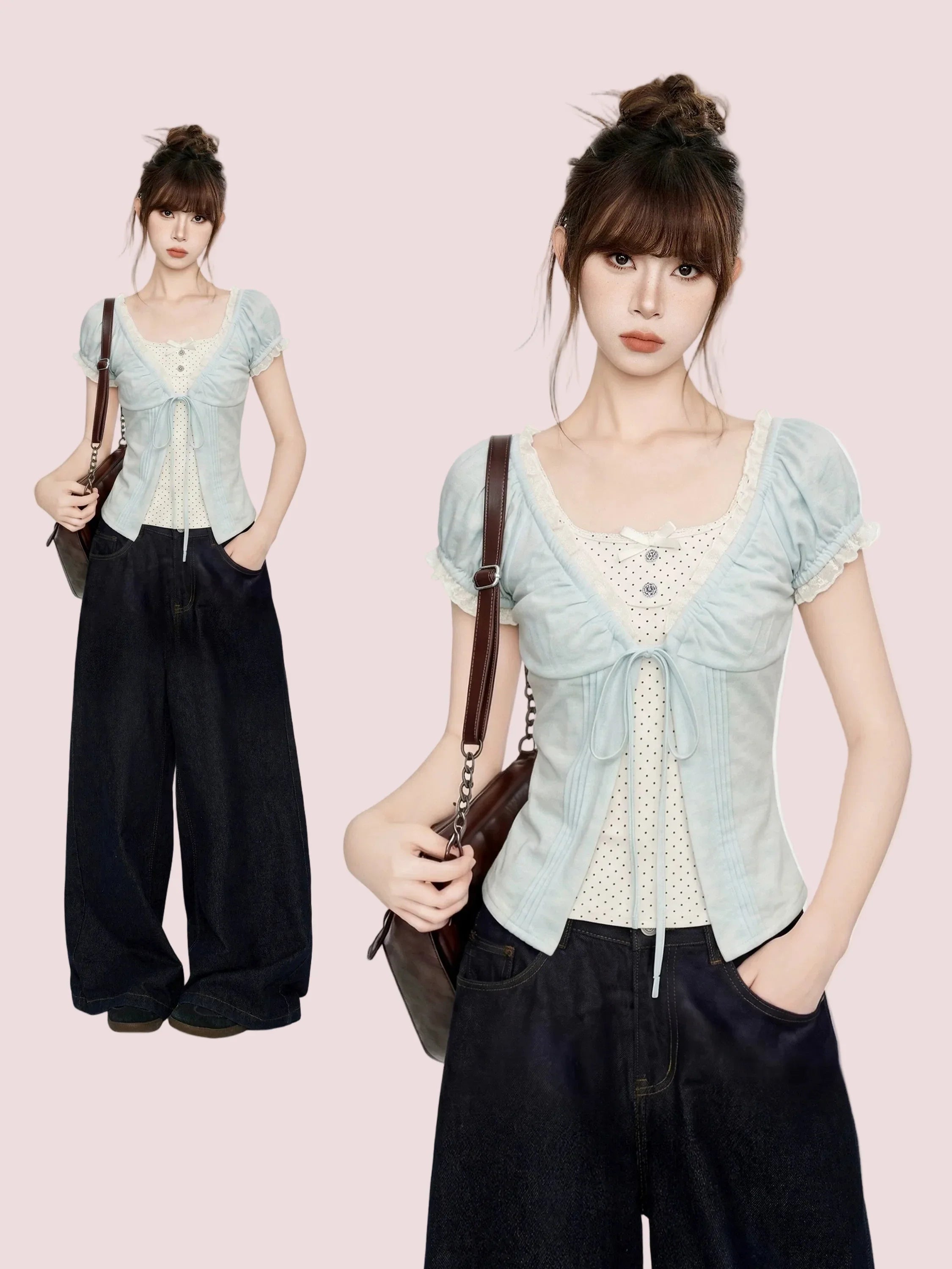 Blue V-Neck Lace Short Sleeve Blouse And Vest Two-Piece Set