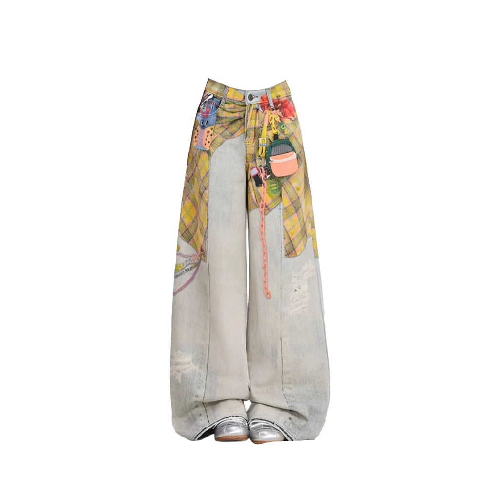 American Style Retro High Waist Loose Fit Denim Blue Trousers for Women