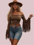 709 Women's Long-Sleeve Tassel Tight Body T-shirt Western Style Solid Color