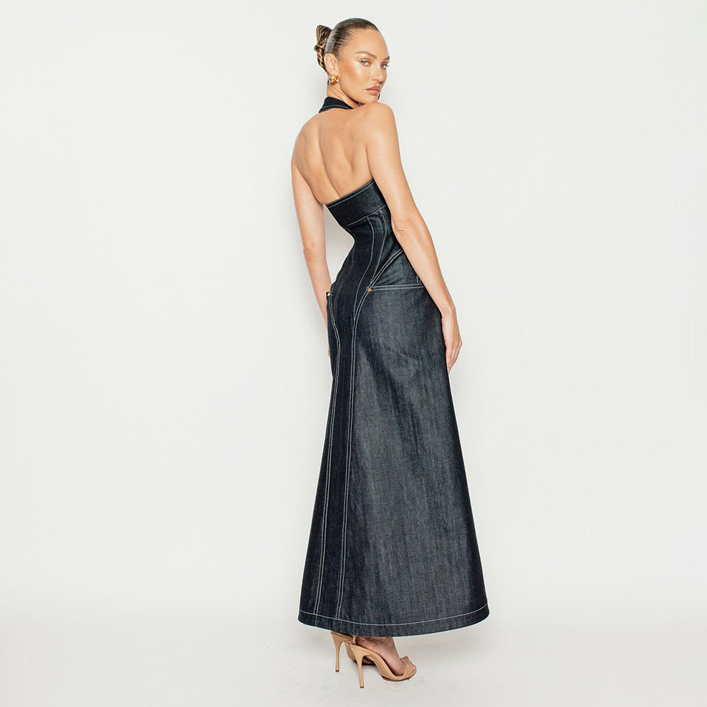 Bella Mia Elegant Solid Color Sleeveless Halter Slim Fit Backless Sheath Dress Denim Summer — detail and construction