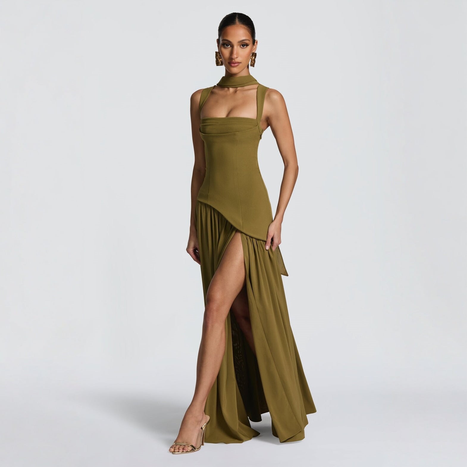 Women's Long-Sleeve Slim Fit Dress European Style Solid Color