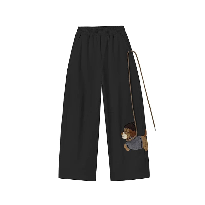 Leash Puppy Embroidery Straight Wide Leg Pants Casual Loose Walking Trousers Flattering Long Pants