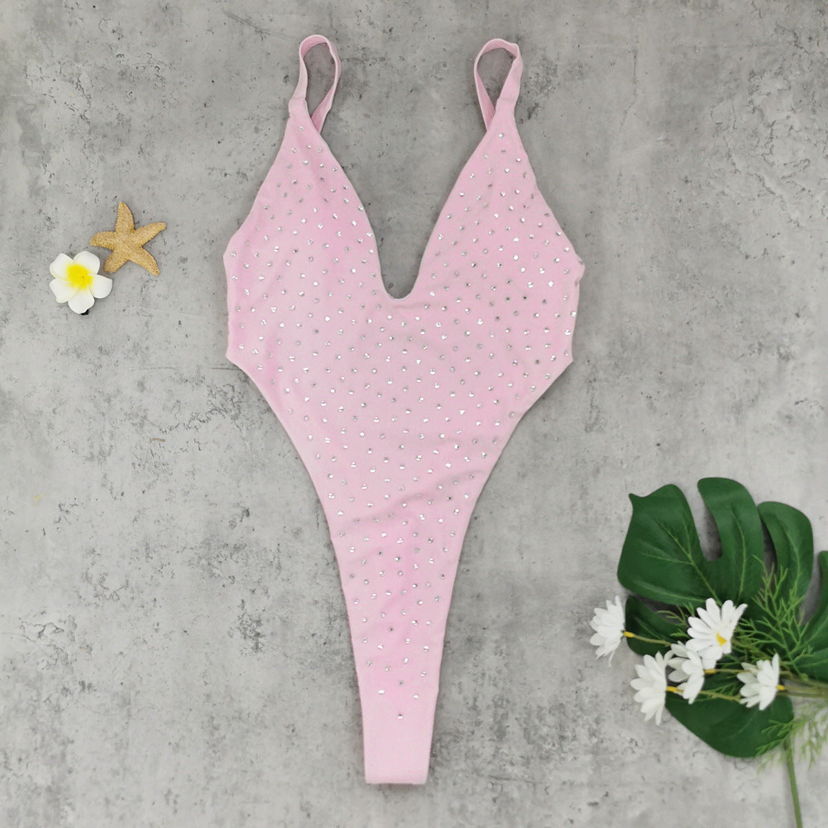 Bella Mia Sexy Backless One Piece T Shaped High Slit Triangle One Piece Swimsuit Women Solid Color Diamond — detail and construction