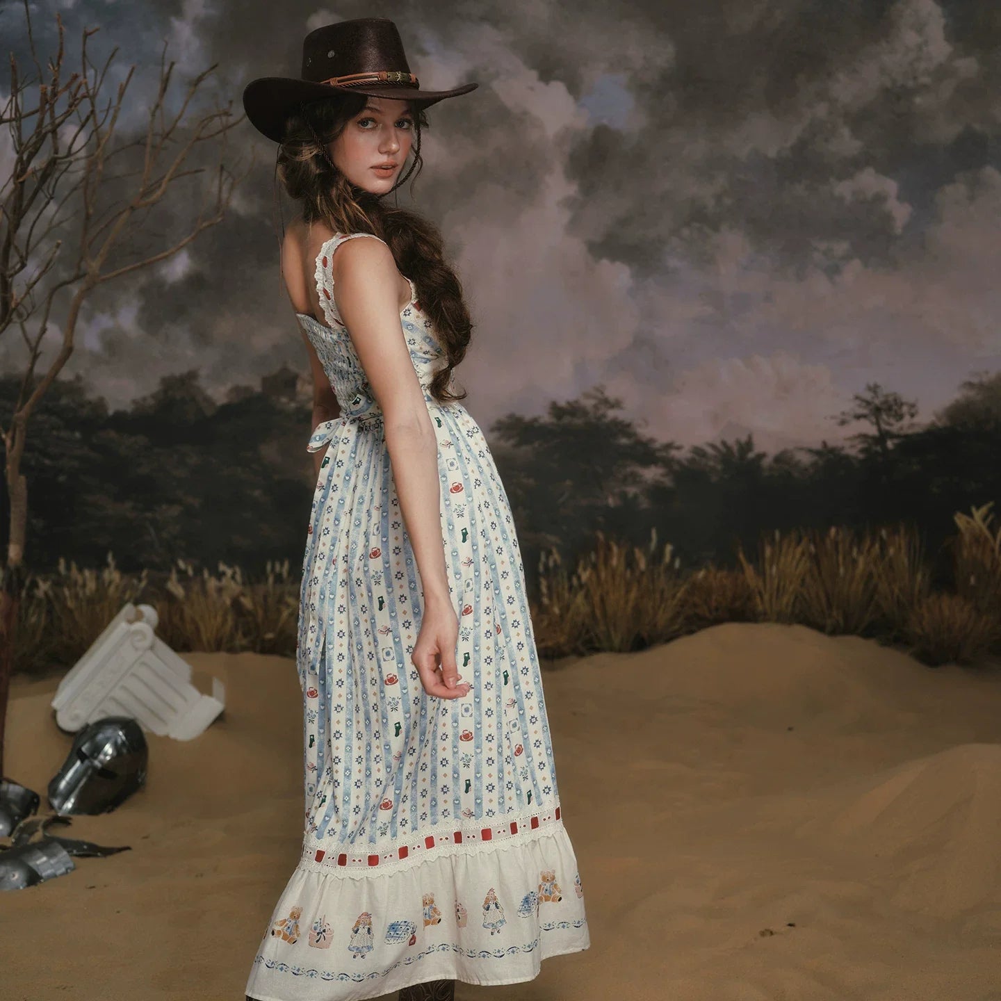 Bear Kitchen French Pastoral Sweet Print Striped Suspender Long Dress Blue Women