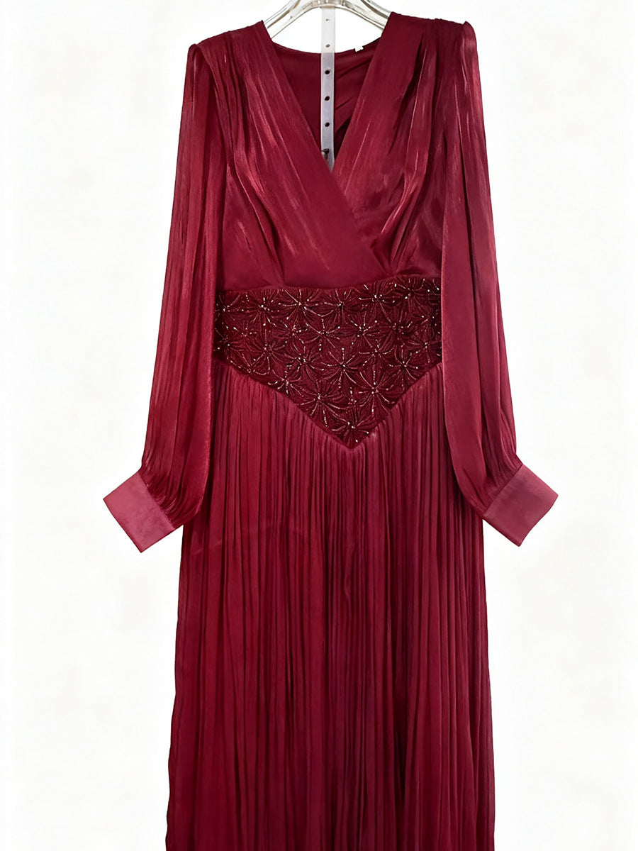 Elegant Long Sleeve Solid Color Diamond Dress Autumn High Grade Waist Slimming Dress Women