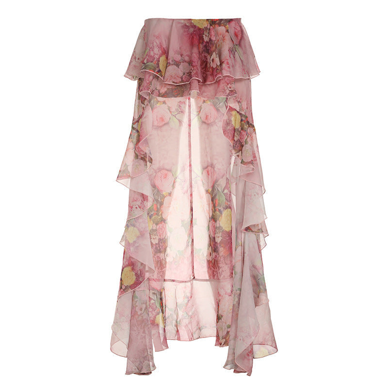 Bella Mia Sexy Holiday Romantic Floral Print Ruffled Skirt Sexy Irregular Asymmetric Trailing Dress with Lining — detail and construction