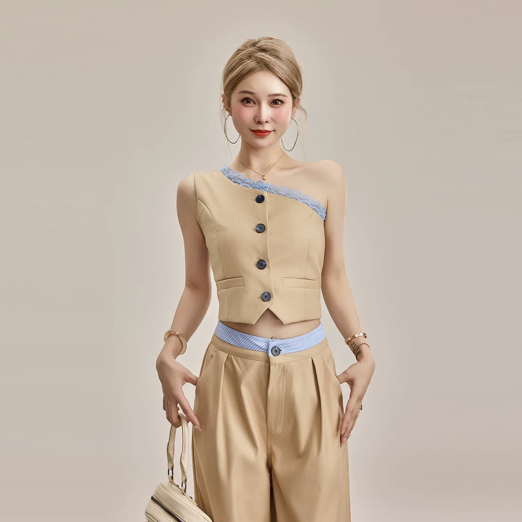 Little P Lace Vest Blazer Suit Trousers Set 2 Pieces Khaki