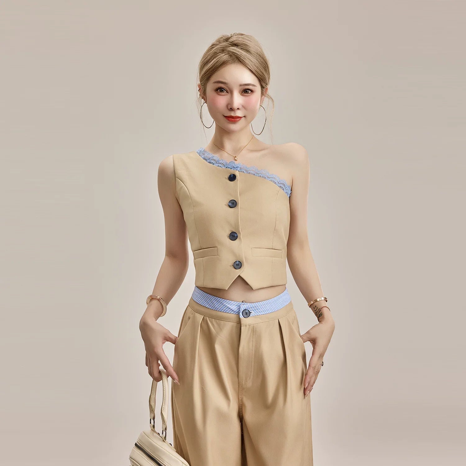 Little P Lace Vest Blazer Suit Trousers Set 2 Pieces Khaki