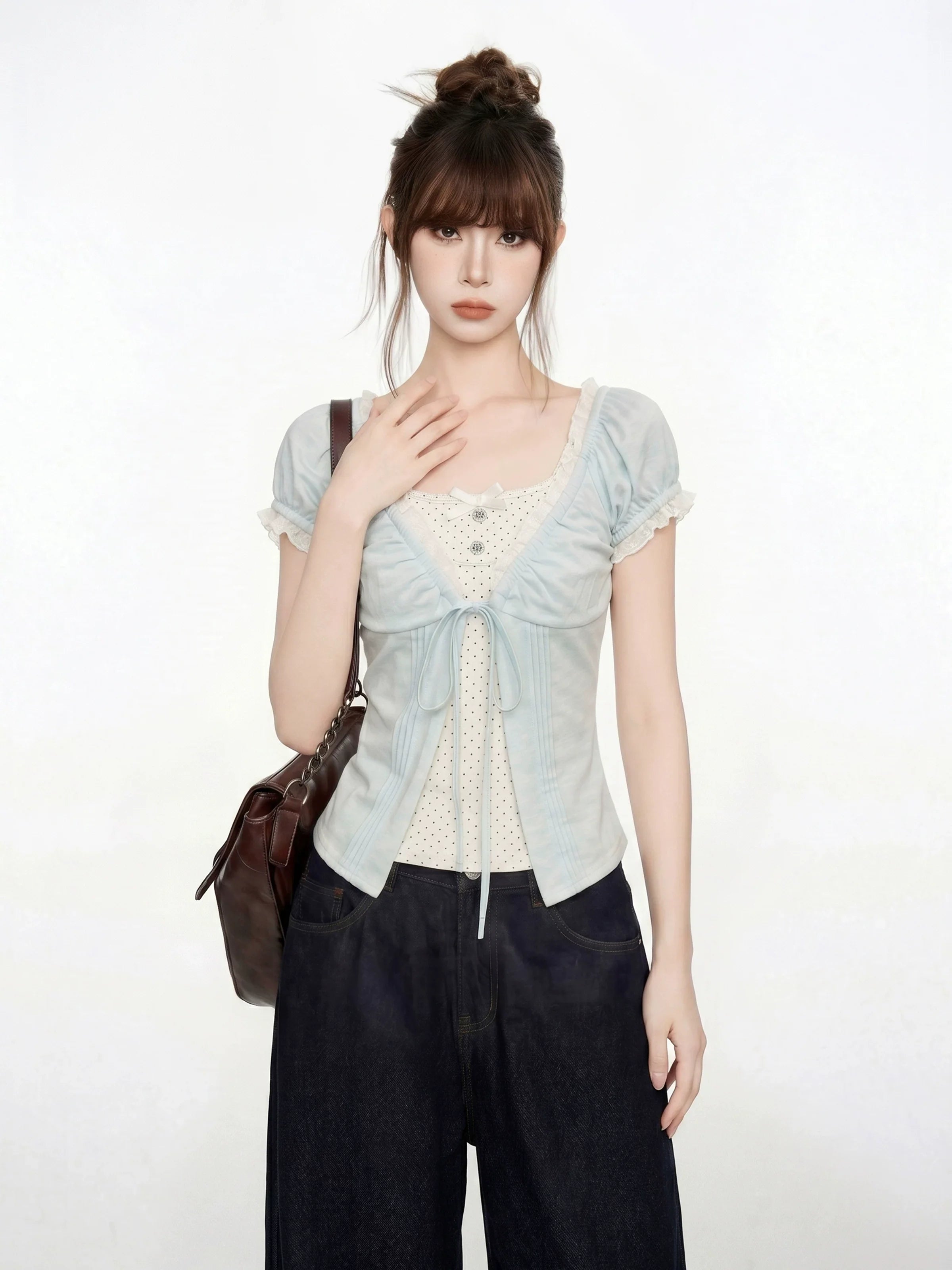Blue V-Neck Lace Short Sleeve Blouse And Vest Two-Piece Set
