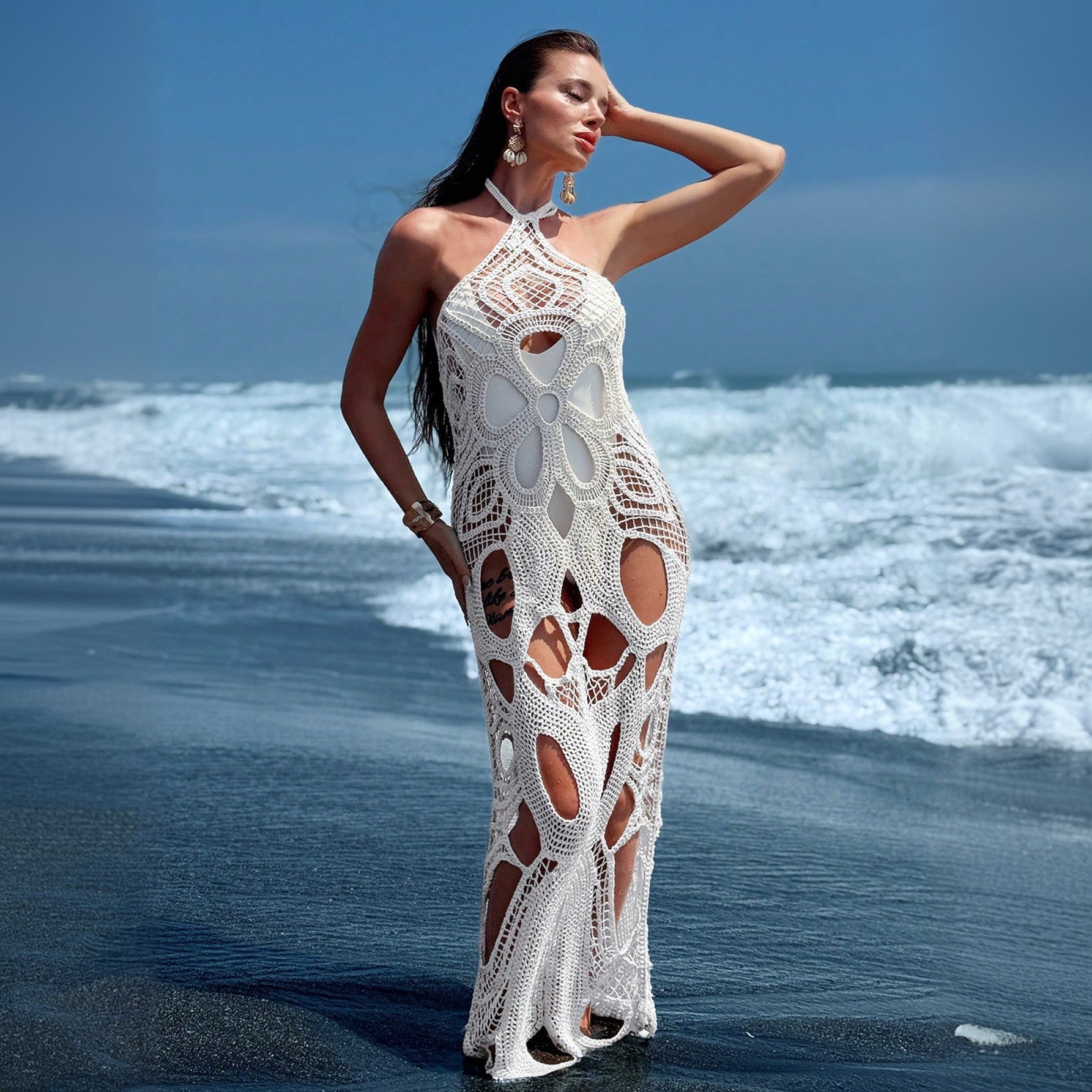 Bella Mia Solid Color Sexy Cutout Halter Beach Cover up Bikini Swimsuit Beach Dress Women — lifestyle context