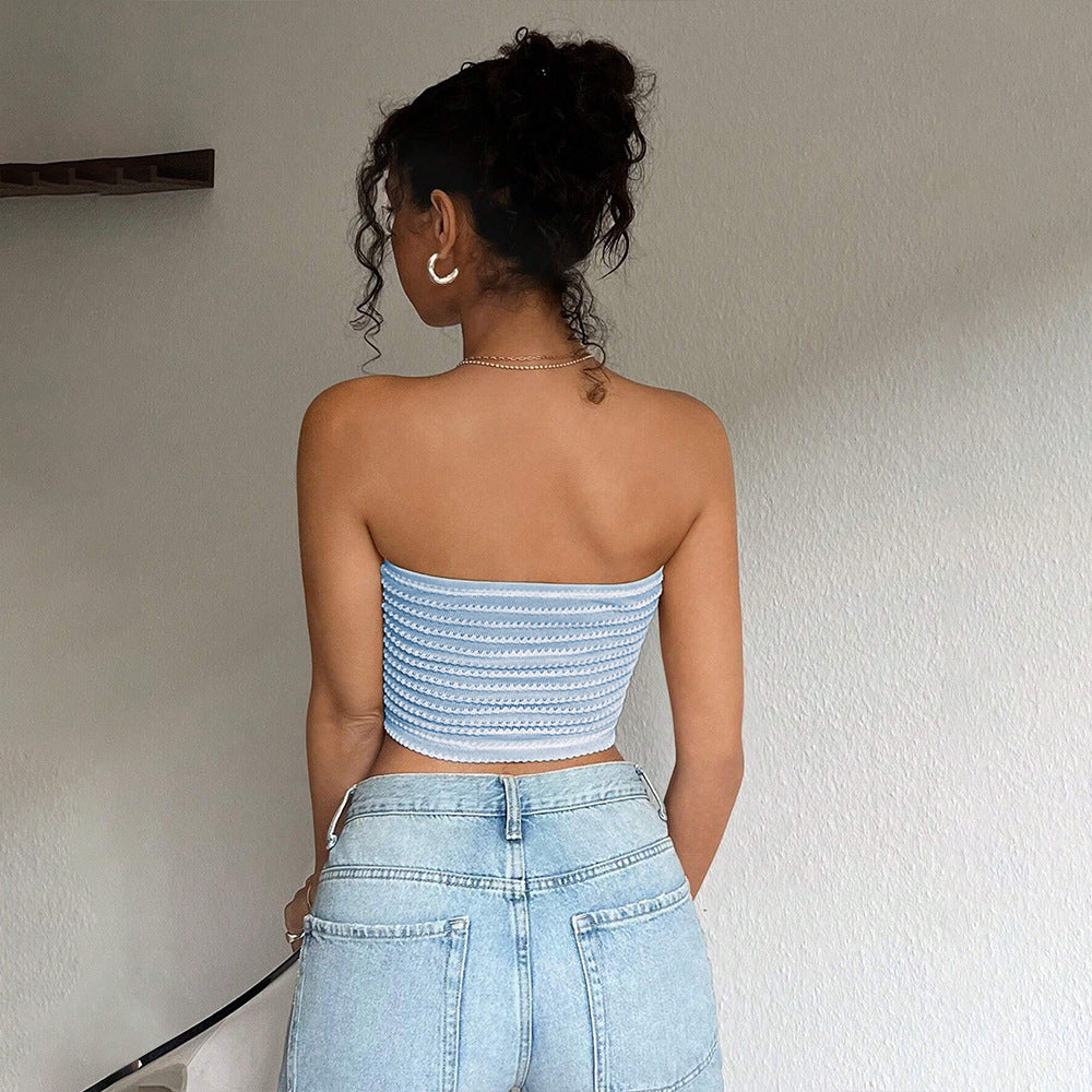 Bella Mia 77Sexy Blue White Striped Tube Top Sleeveless Cold Shoulder Skinny Short Vacation Vest Top for Women — branding close-up