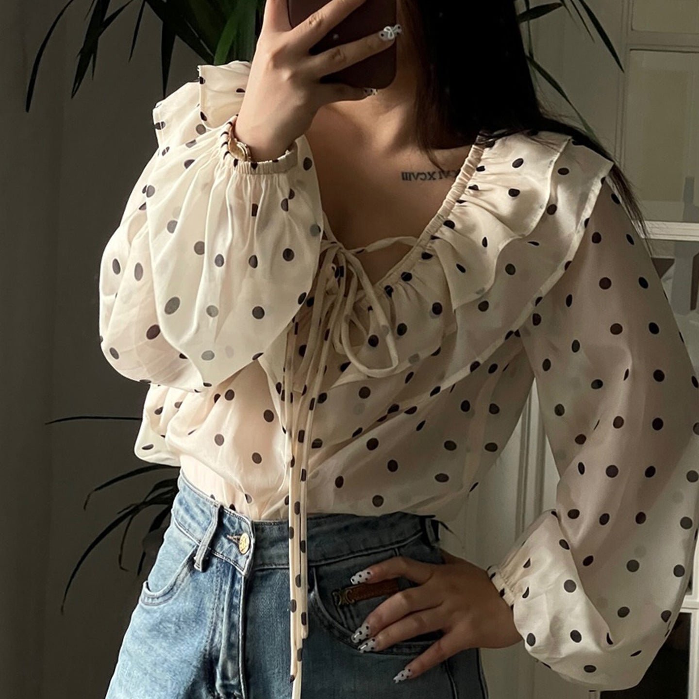 Bella Mia Ruffled V Collar Polka Dot Chiffon Top Girlish Cute Youth Looking Bow Lace up Long Sleeve Shirt Autumn — main product shot