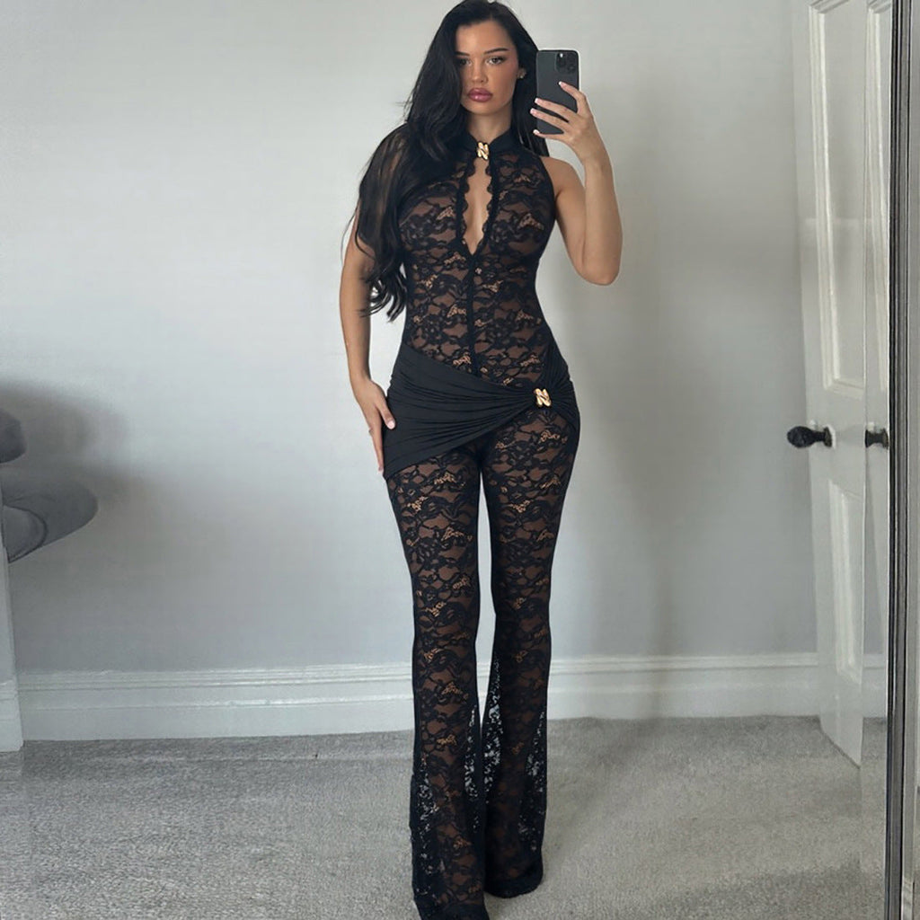 Bella Mia Autumn Winter Women Lace Stitching Sleeveless Sexy High Waist Slim Fit Micro Pull Jumpsuit — main product shot