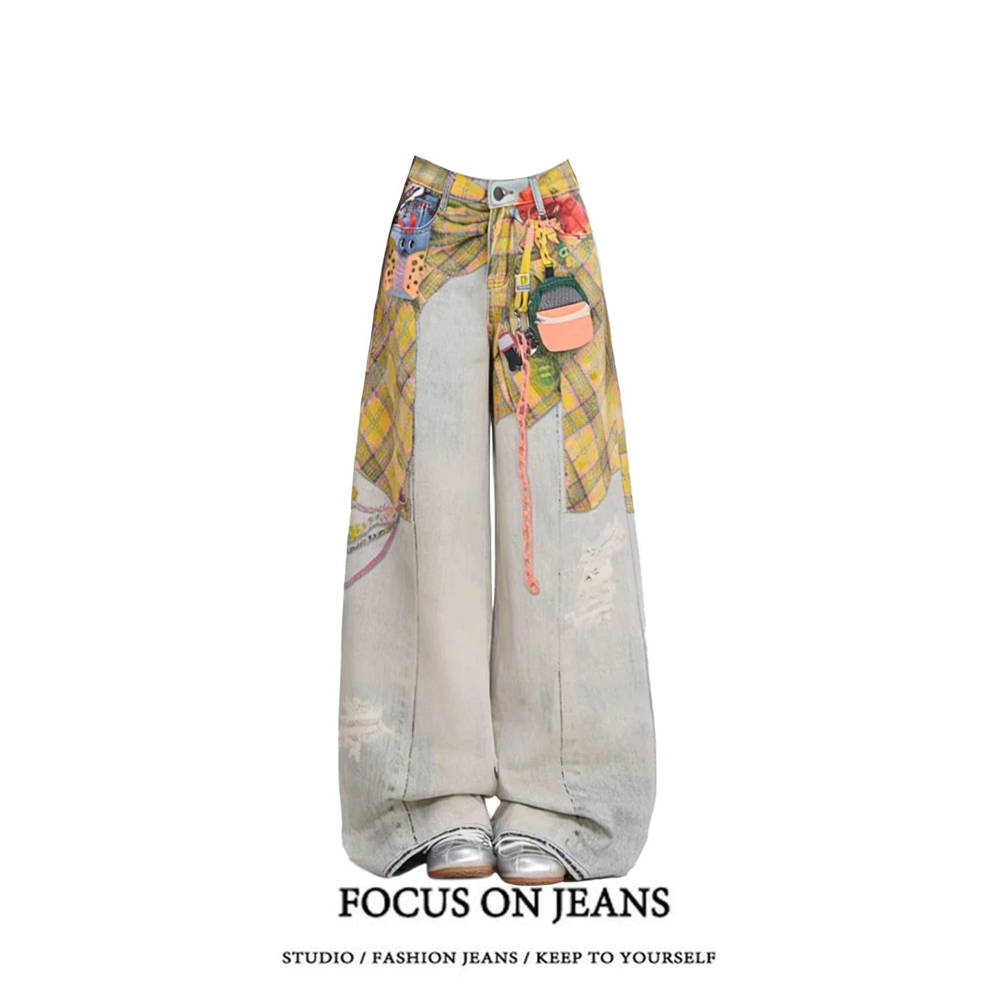 American Style Retro High Waist Loose Fit Denim Blue Trousers for Women