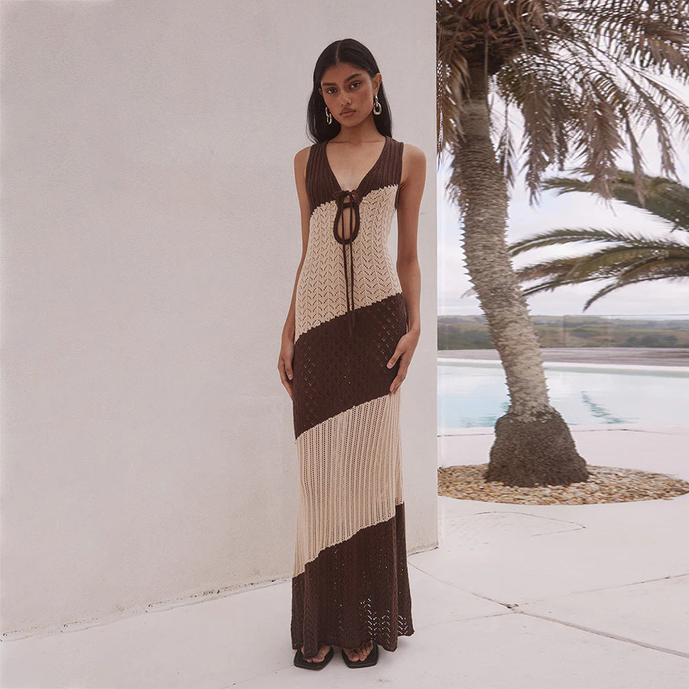 Bella Mia Sexy Striped Knitted Hollow Out Cutout out Beach Cover up Bikini Swimsuit Beach Dress for Women — detail and construction