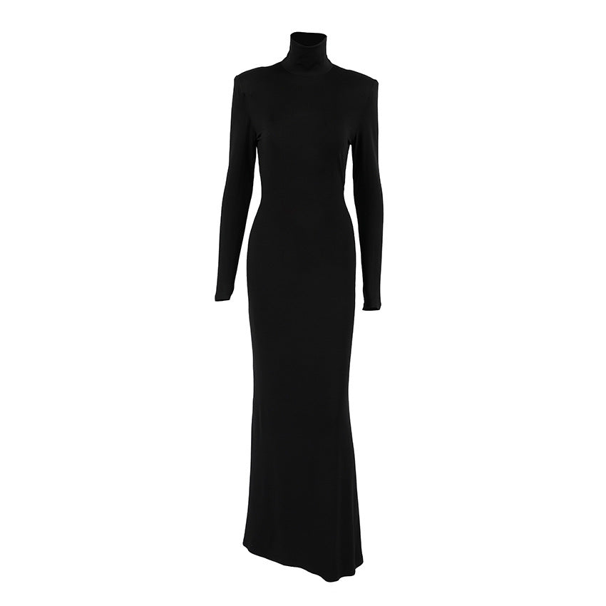 Bella Mia Spring Elegant Black Sexy Backless Knitted Slim Fit Long Sleeved Turtleneck Dress for Women — alternate view