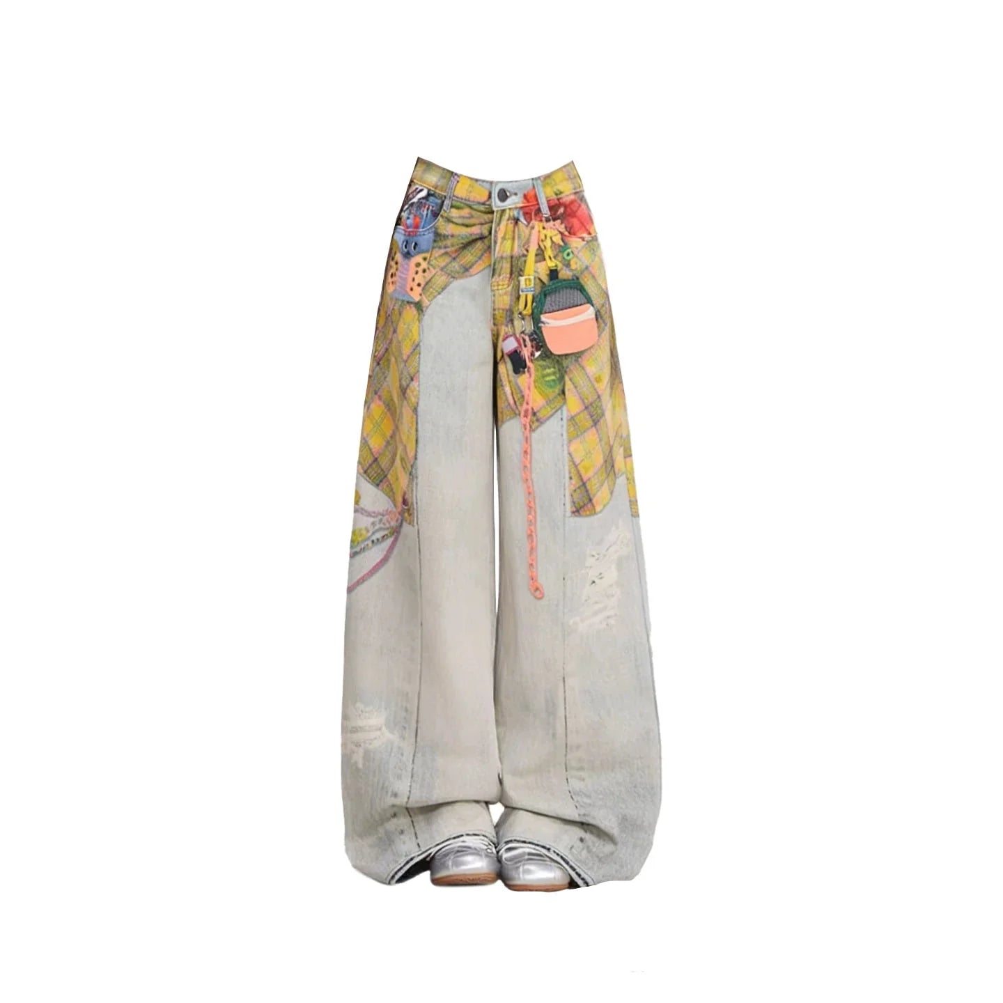 American Style Retro High Waist Loose Fit Denim Blue Trousers for Women