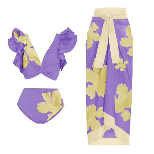 Split Bikini Lotus Sleeve High Waisted Trousers Sexy Slimming Swimsuit Women Floral