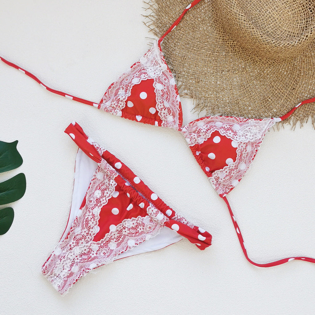 Bella Mia Retro Polka Dot Lace Strap Three Point Bikini Sexy Backless Split Swimsuit — detail and construction