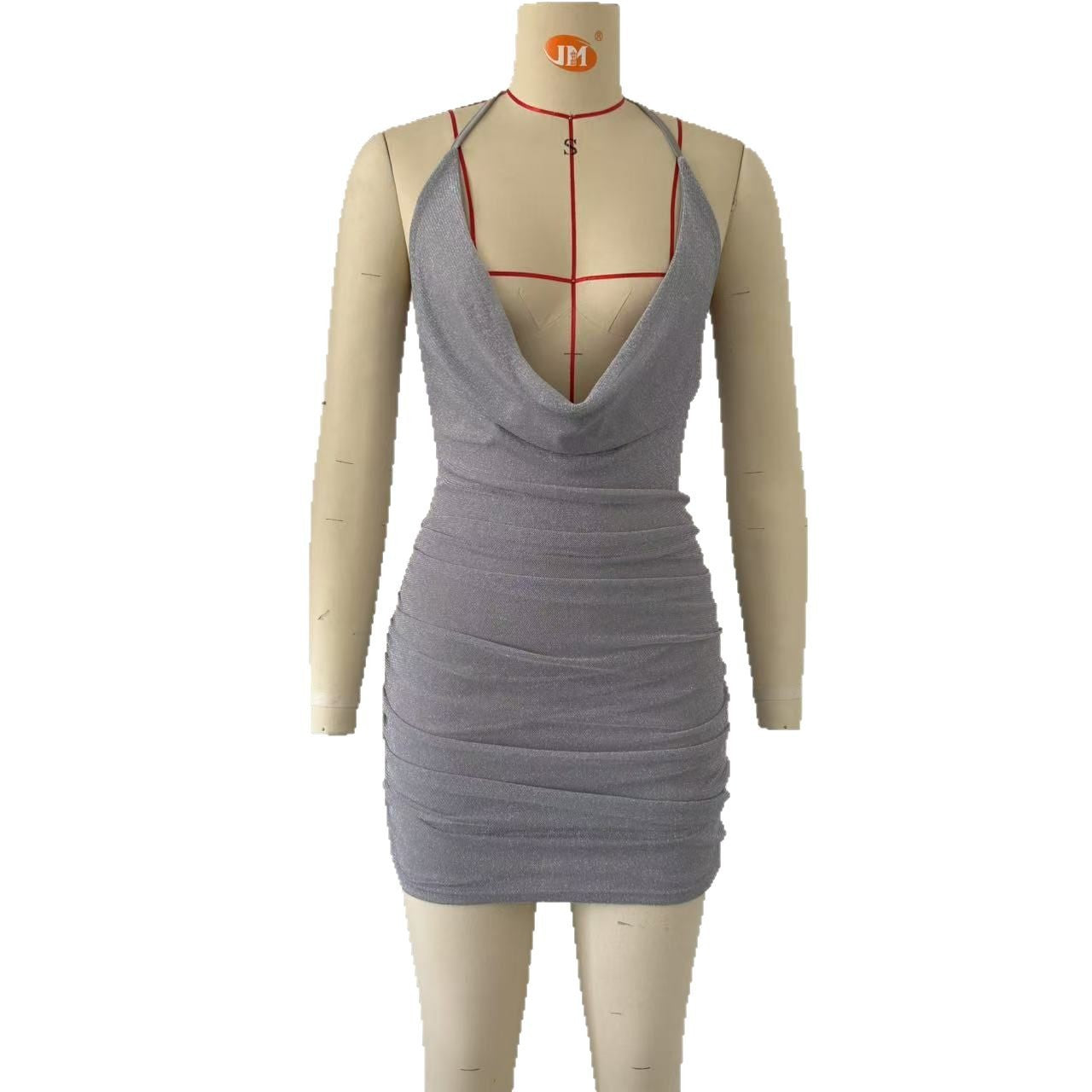 Bella Mia Women Sexy Low Cut Halter Hip Dress Pleated Slim Fit Backless Sexy Dress — detail and construction
