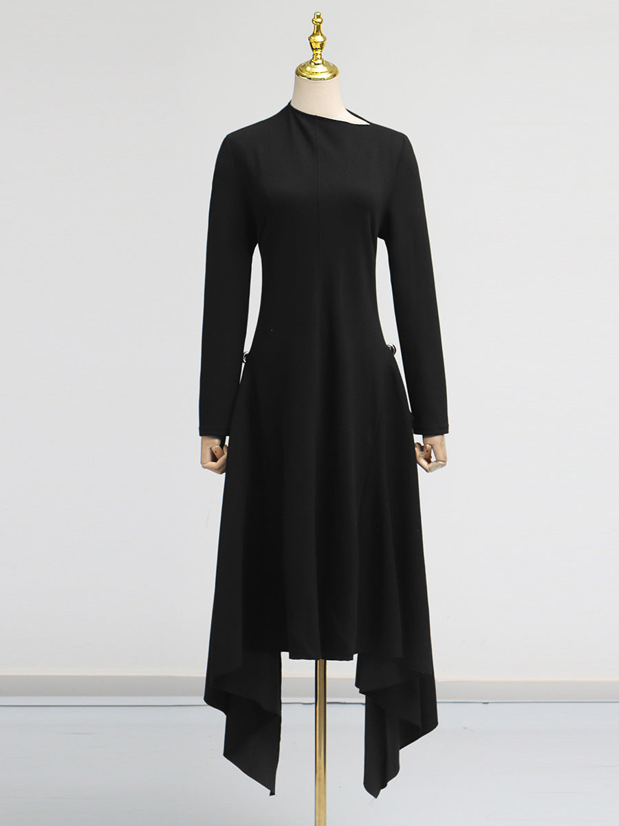 Simple Solid Color Dress Spring High Grade Waist Slimming Irregular Asymmetric Dress Women