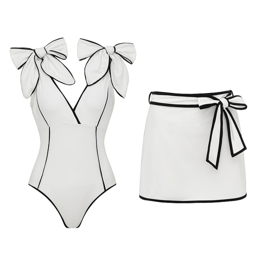 Bella Mia Swimsuit Black White Color Matching Sweet Girl Bow Swimsuit Women White Skirt — detail and construction