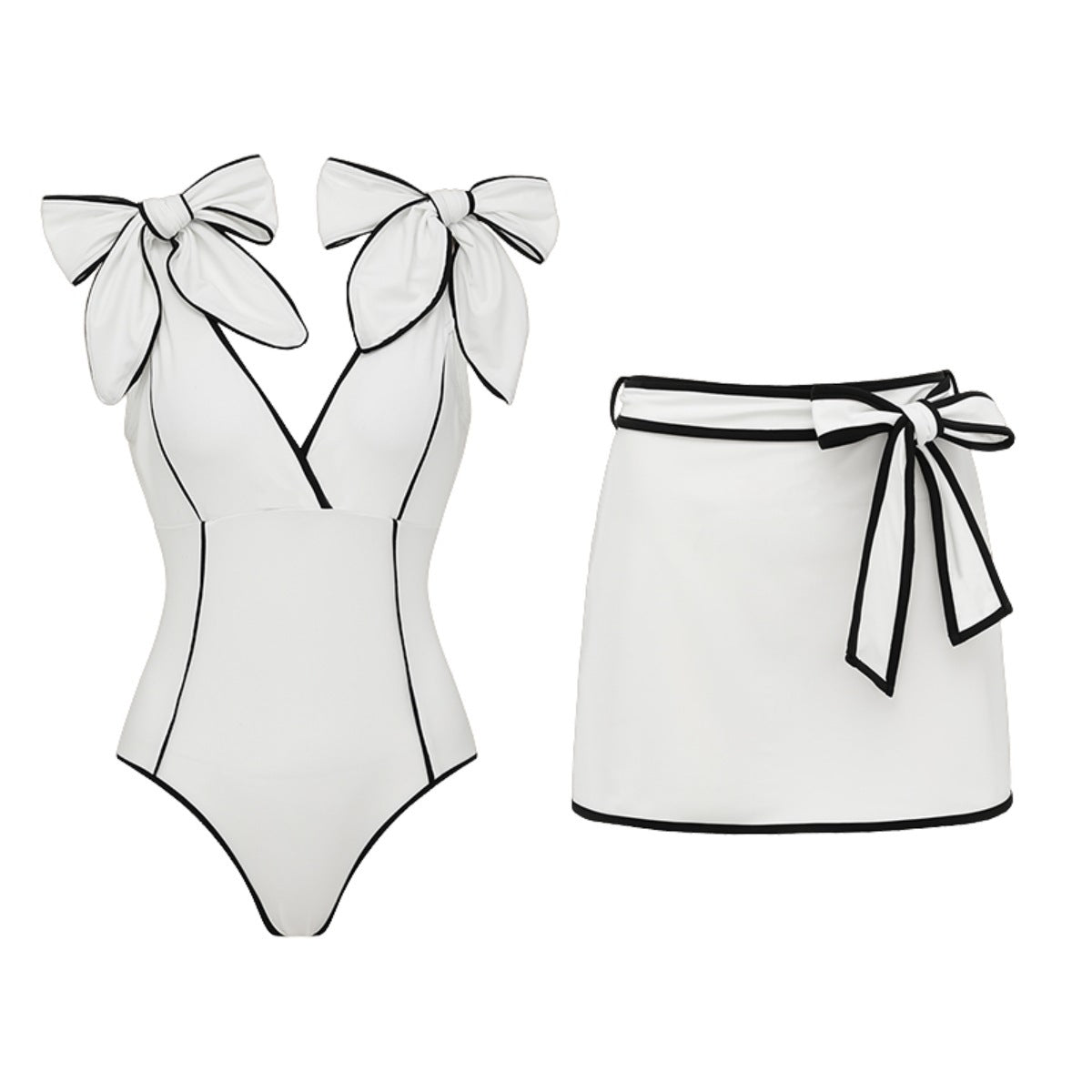 Swimsuit Black White Color Matching Sweet Girl Bow Swimsuit Women White Skirt