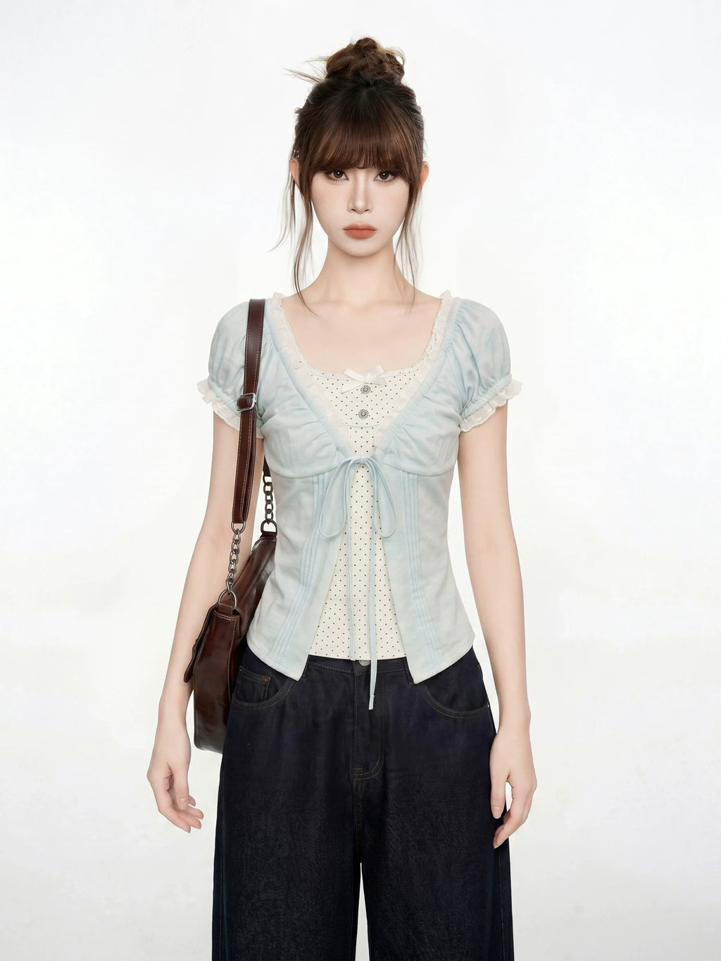 Blue V-Neck Lace Short Sleeve Blouse And Vest Two-Piece Set