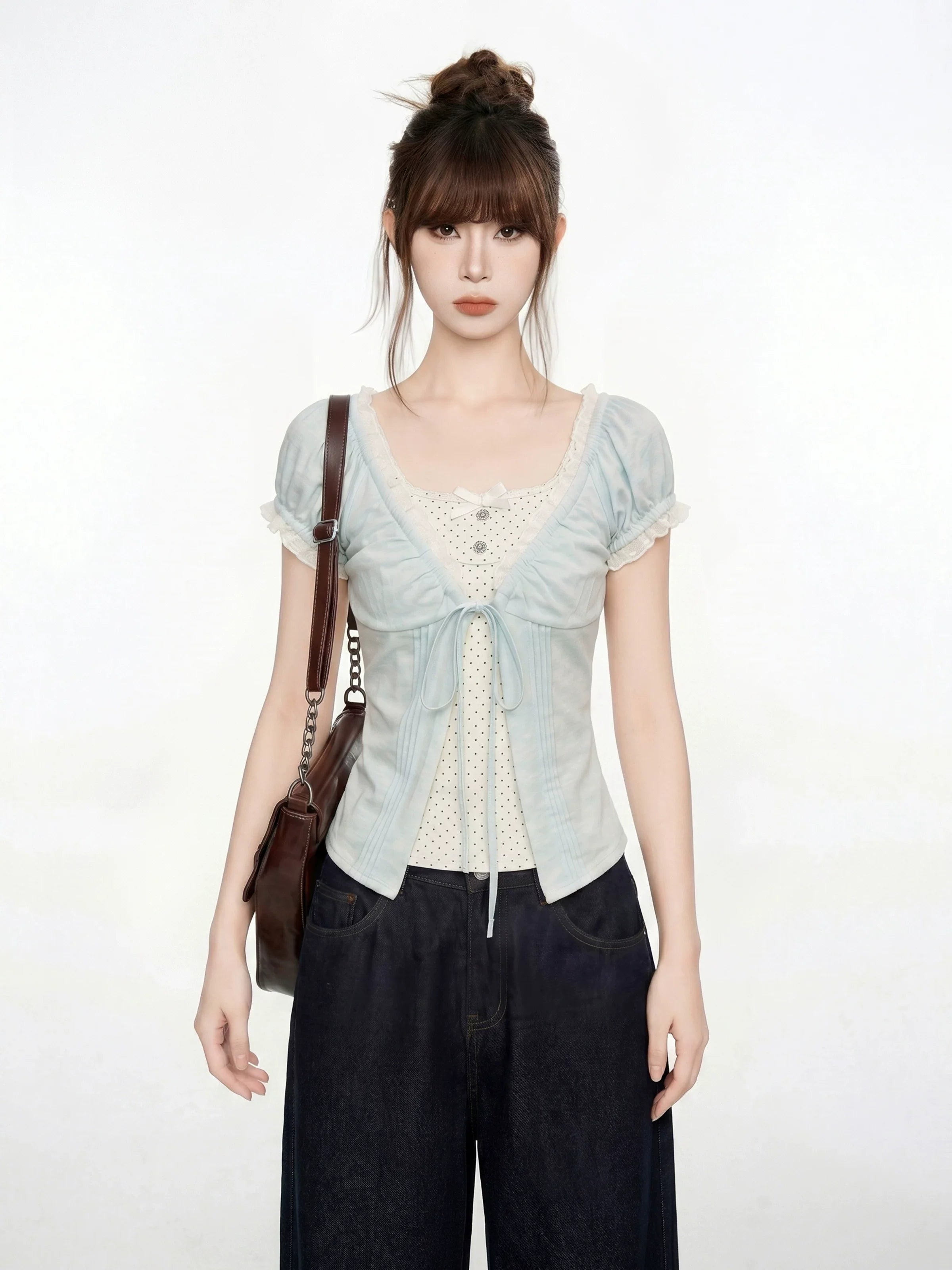 Blue V-Neck Lace Short Sleeve Blouse And Vest Two-Piece Set
