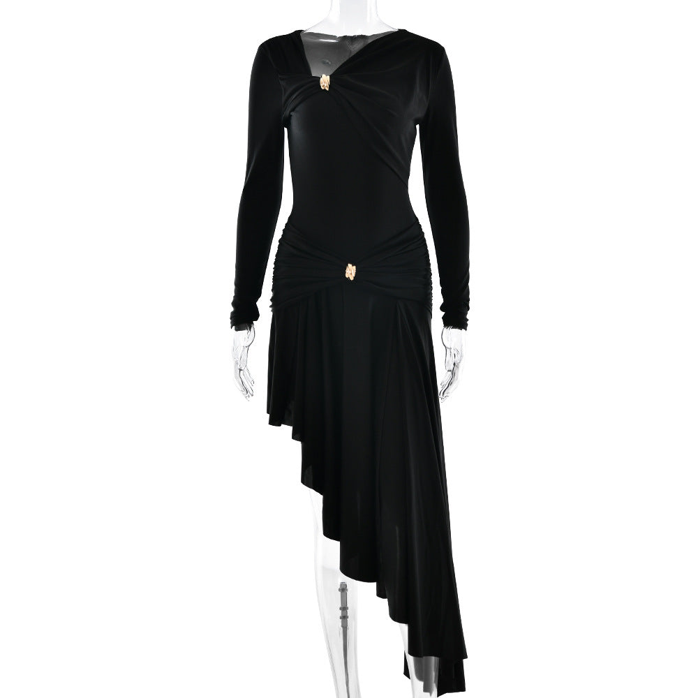Bella Mia Autumn Winter Graceful Fashionable Women Slim Dress Sexy Pleated Irregular Asymmetric Maxi Dress — packaging or label